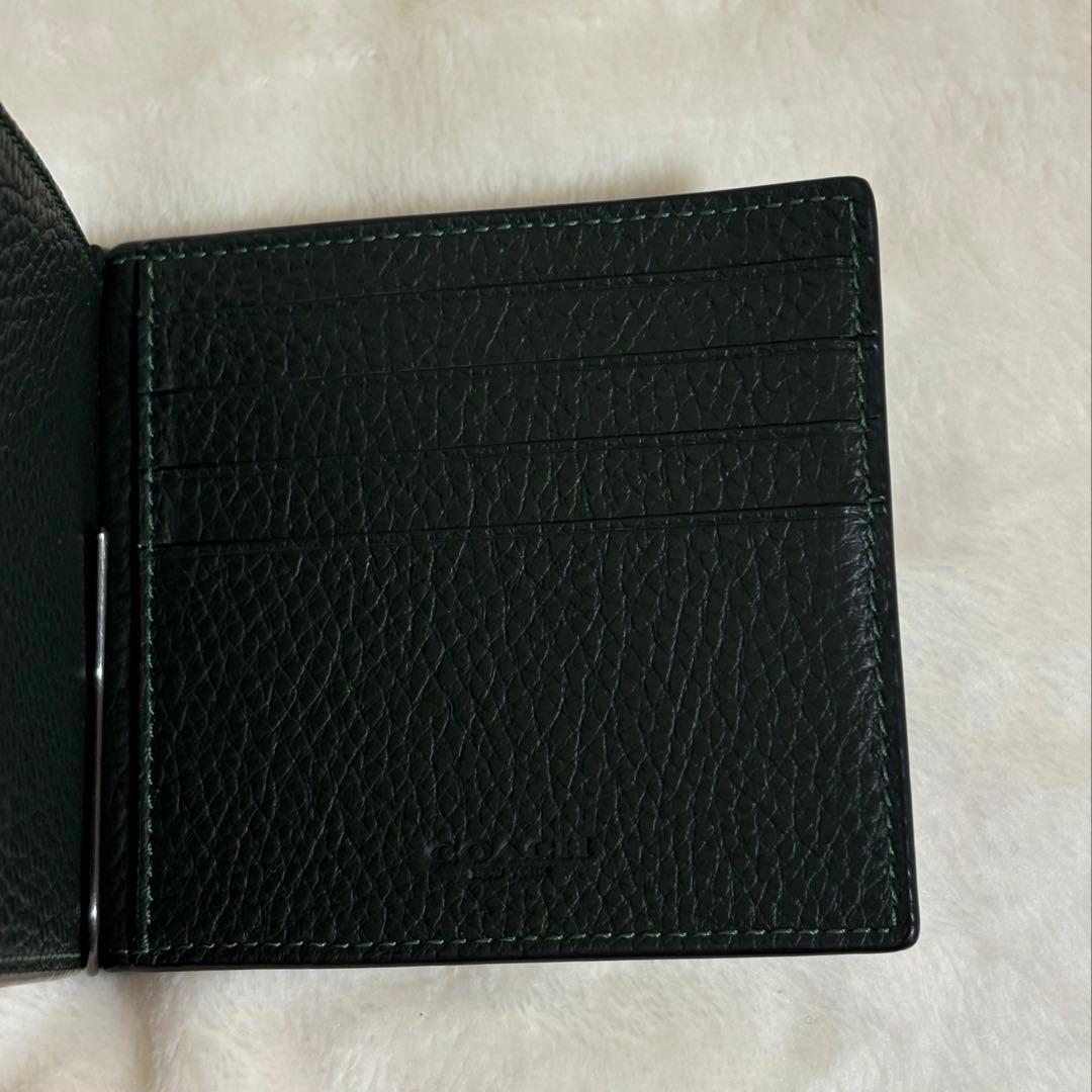 coach マネークリップウォレット ダークグリーン レザー 二つ折り財布
