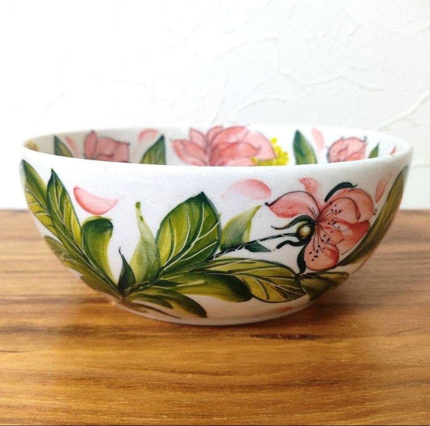 新品　ポーランド食器　直径18cm　容量1L　大ボウル　ピンクの芍薬模様　ミレナ