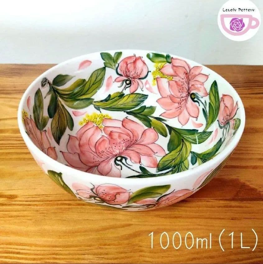 新品　ポーランド食器　直径18cm　容量1L　大ボウル　ピンクの芍薬模様　ミレナ