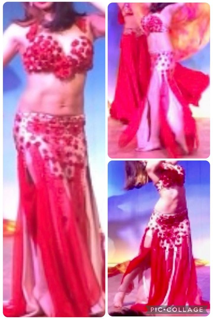 ベリーダンス用ロングドレス 赤とクリーム色