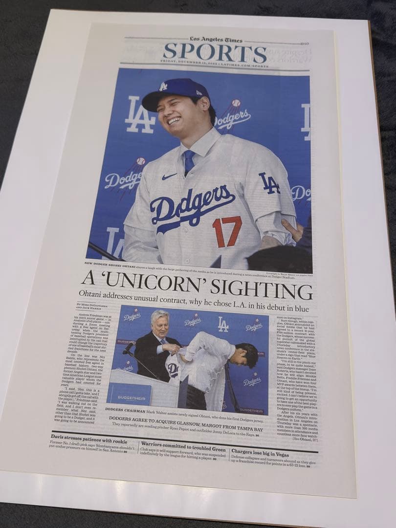 ドジャース　大谷翔平 『移籍記念号』超激レア ロサンゼルスタイムズ　額縁入り