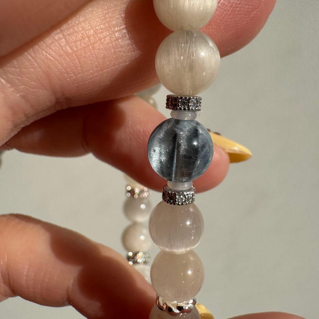 一点物　天然石　ハンドメイドブレス　デュモルチェライトインクォーツ　ラビットヘア