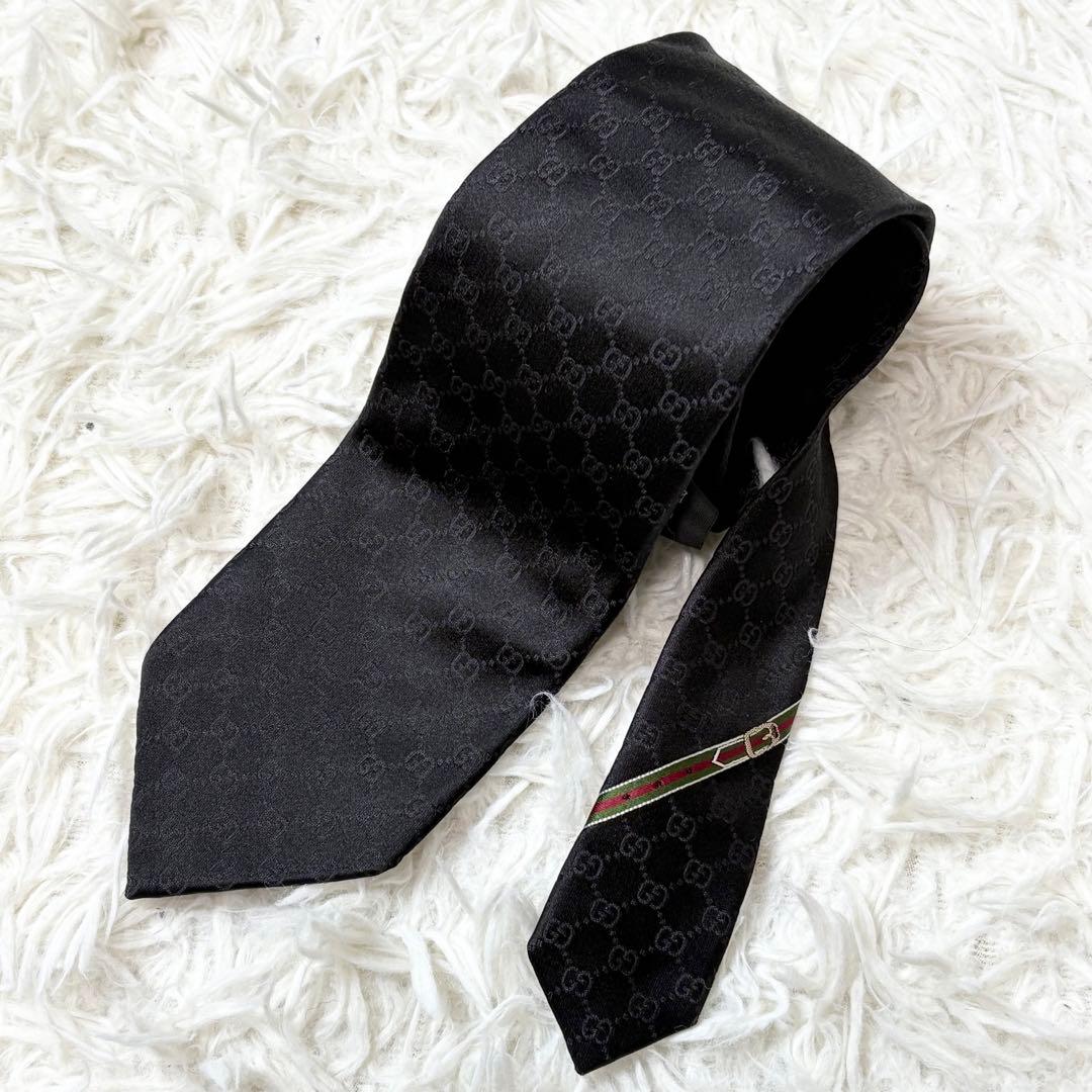 GUCCI ネクタイ シルク　 GG柄 シェリーライン ベルト柄 ブラック