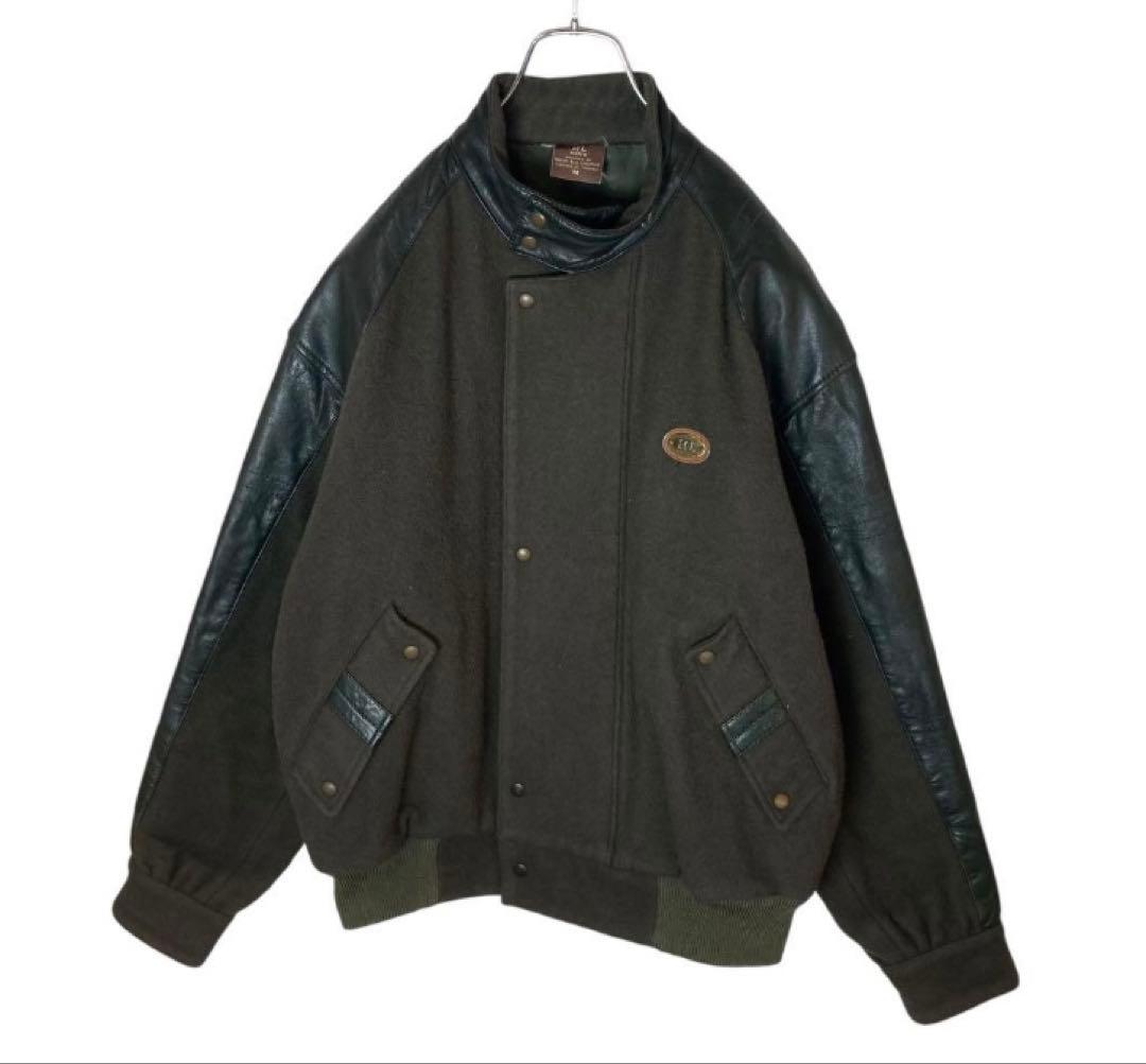 レトロ古着 羊革リアルレザー×ウールくすみグリーンスタジャン中綿裏キルトゆったり