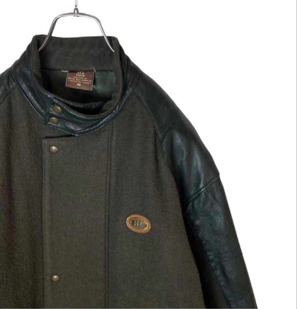 レトロ古着 羊革リアルレザー×ウールくすみグリーンスタジャン中綿裏キルトゆったり