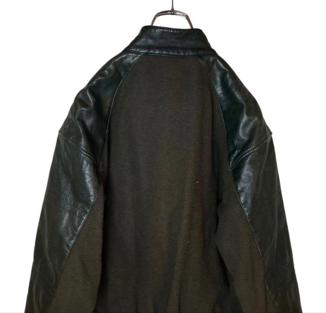 レトロ古着 羊革リアルレザー×ウールくすみグリーンスタジャン中綿裏キルトゆったり