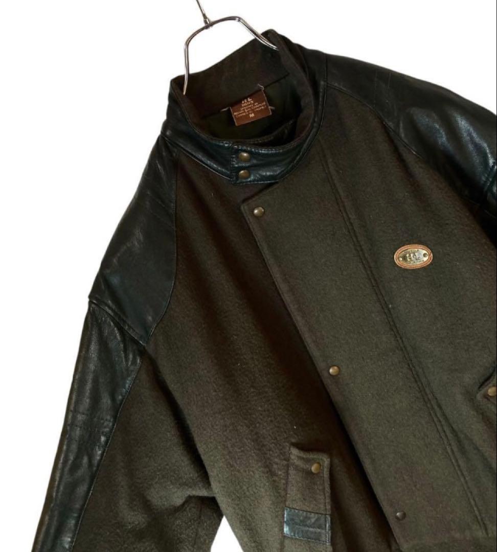 レトロ古着 羊革リアルレザー×ウールくすみグリーンスタジャン中綿裏キルトゆったり