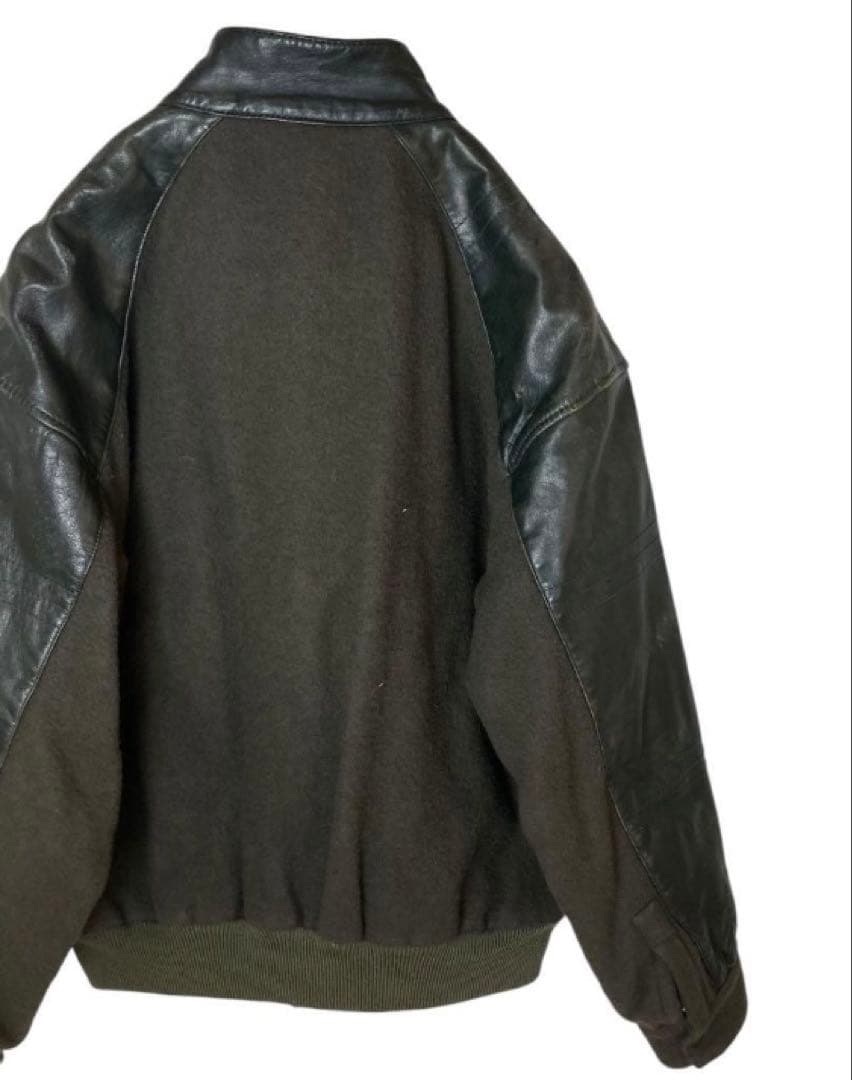 レトロ古着 羊革リアルレザー×ウールくすみグリーンスタジャン中綿裏キルトゆったり