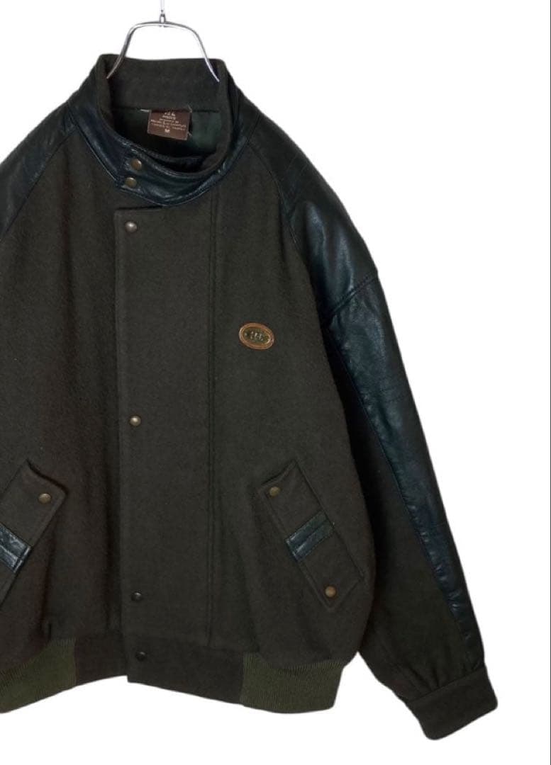 レトロ古着 羊革リアルレザー×ウールくすみグリーンスタジャン中綿裏キルトゆったり