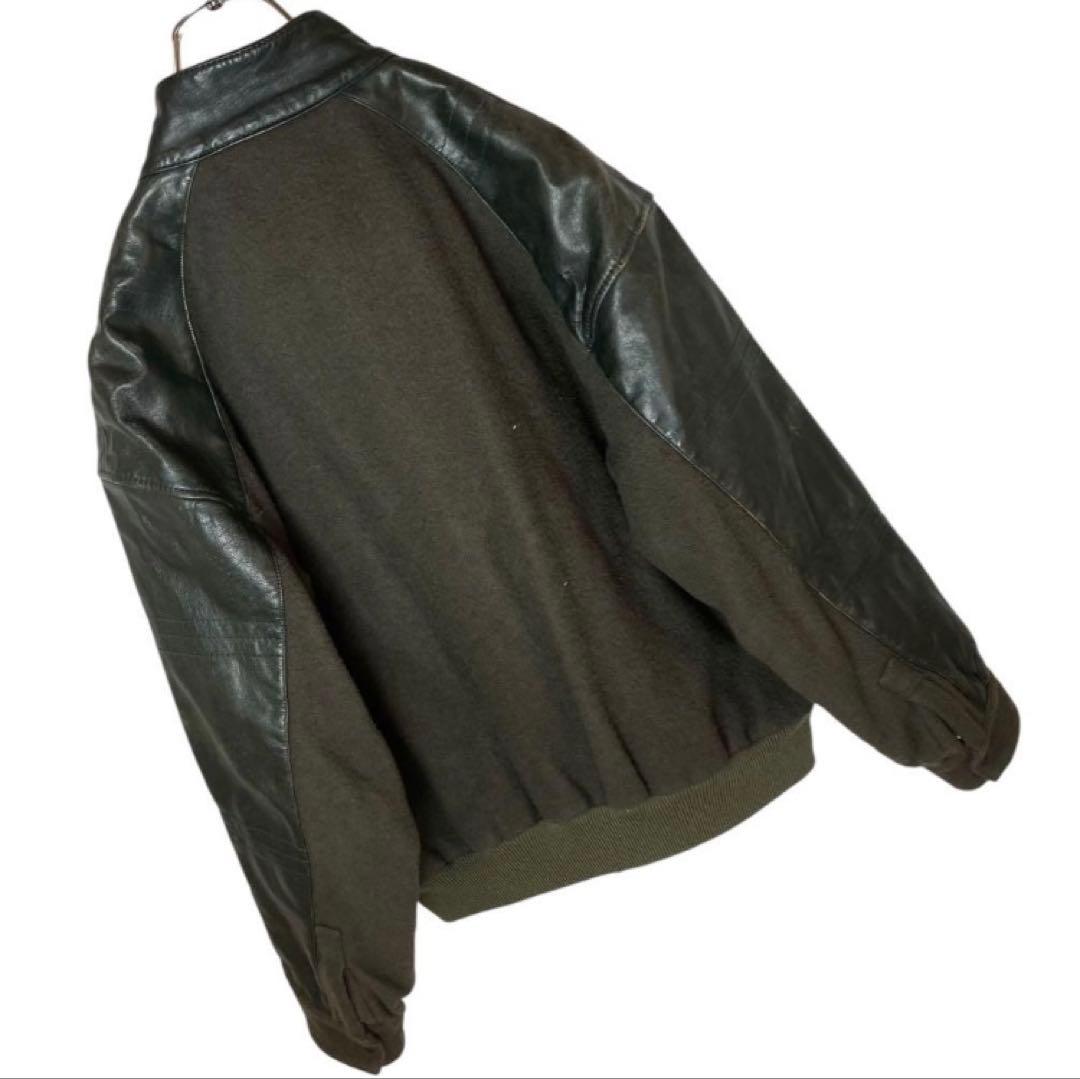 レトロ古着 羊革リアルレザー×ウールくすみグリーンスタジャン中綿裏キルトゆったり