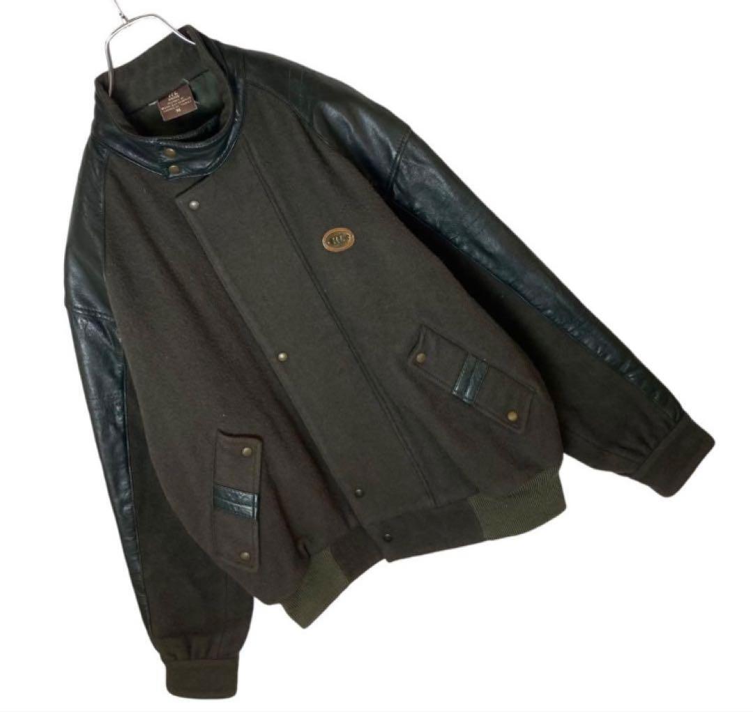 レトロ古着 羊革リアルレザー×ウールくすみグリーンスタジャン中綿裏キルトゆったり