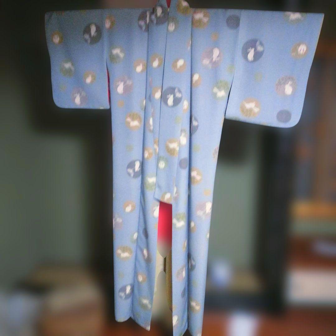 あ*ん様 美品小紋洗える　うさぎ柄　ブルーグレー色、冬こそ映える既製品