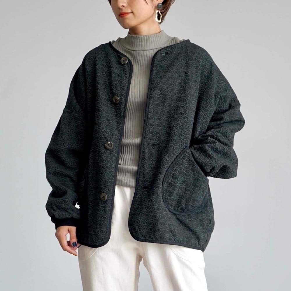 UZUiRO 麻柄ノーカラージャケット/ブラック/三河木綿 刺し子織