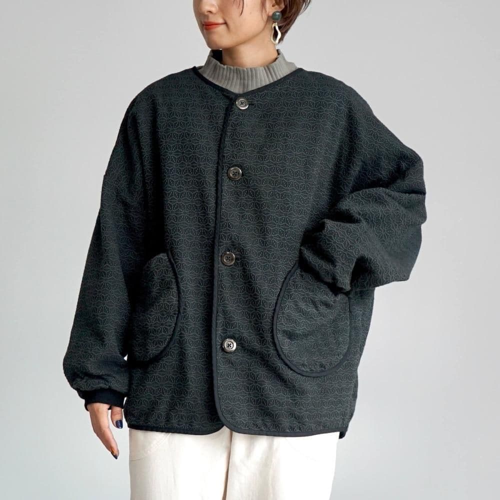 UZUiRO 麻柄ノーカラージャケット/ブラック/三河木綿 刺し子織