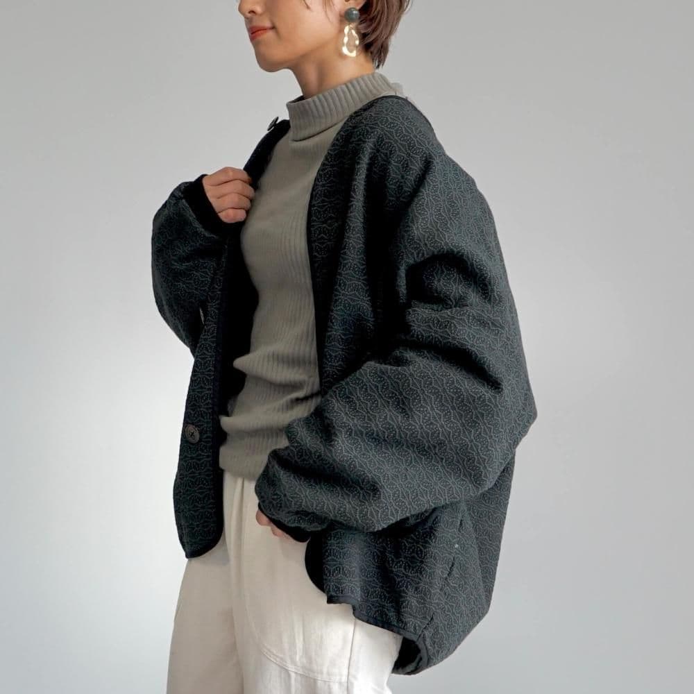 UZUiRO 麻柄ノーカラージャケット/ブラック/三河木綿 刺し子織