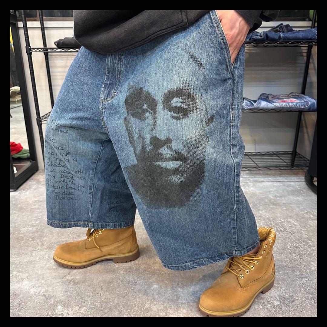 超BIGサイズ44 MAKAVELI 2pac 極太 デニムショーツ