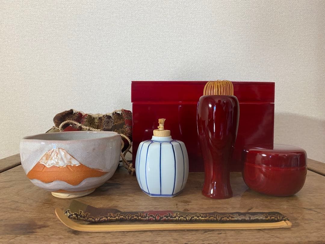 初釜　茶道具　茶箱セット 富士山　赤膚　焼　春慶塗　仕覆