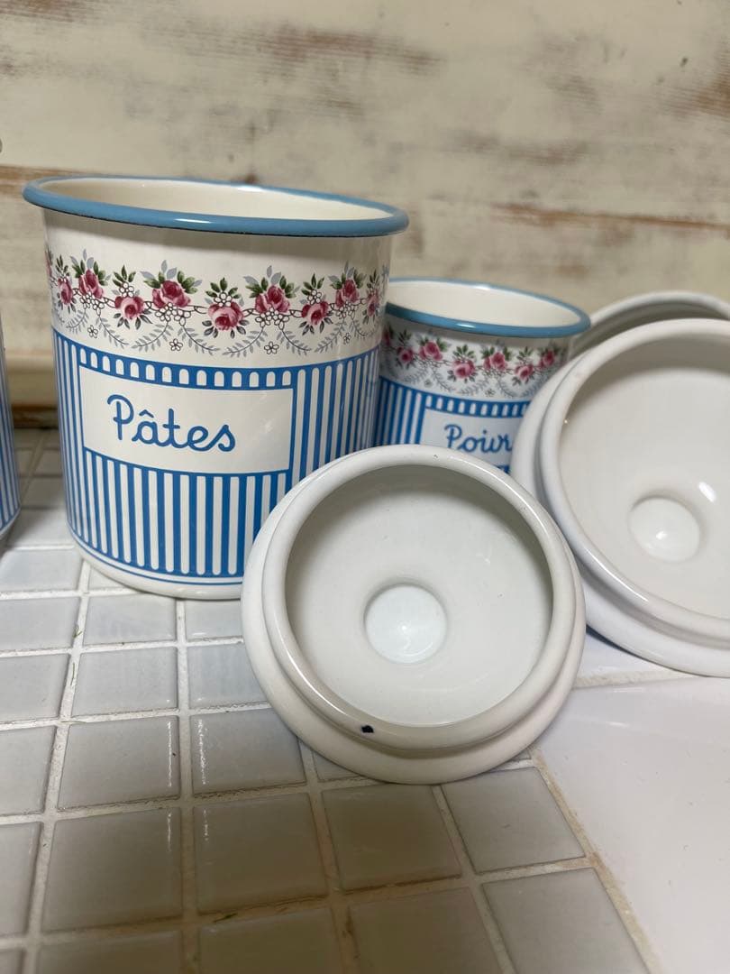 ホーロー　キャニスター　花柄　ブルー　5個セット