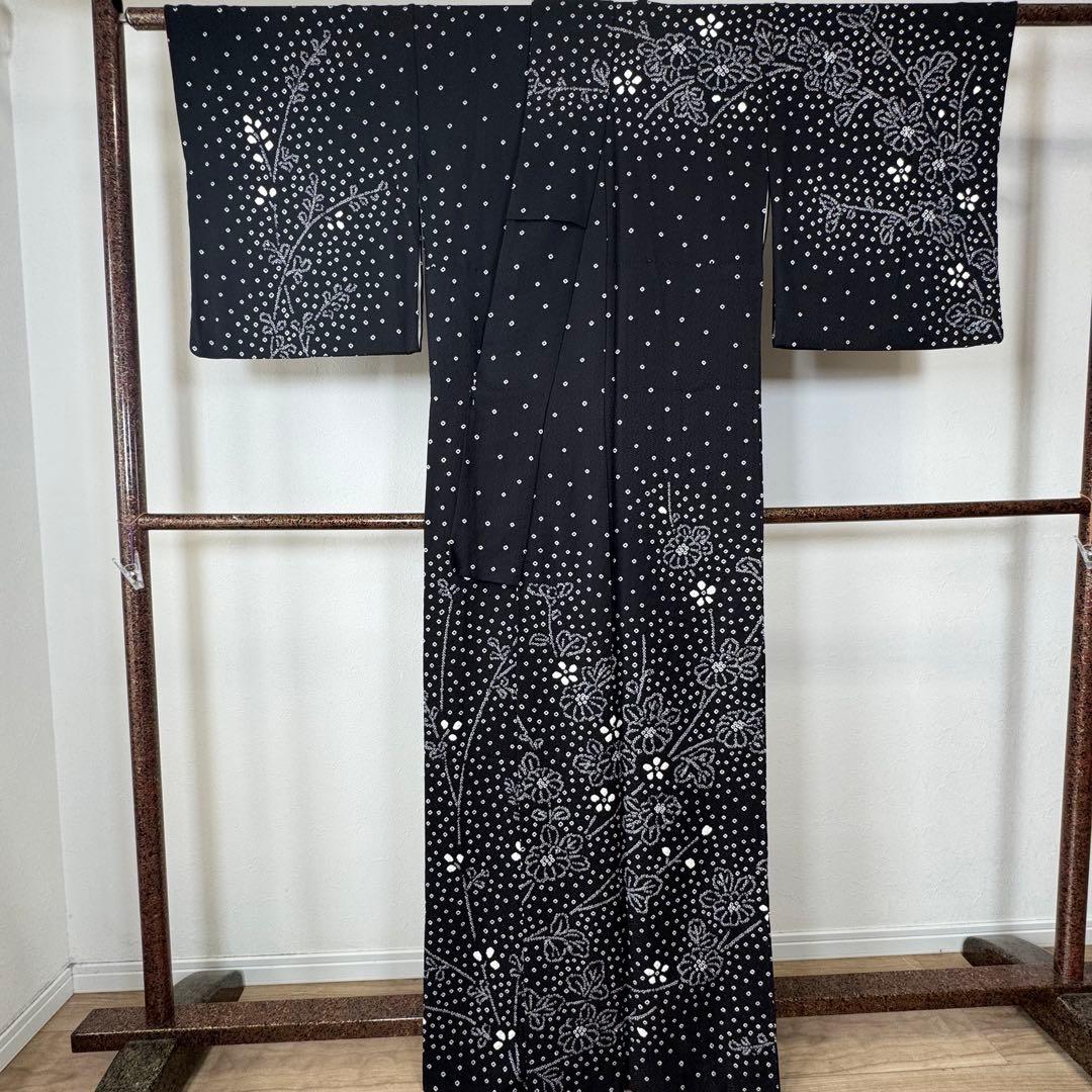 超美品　正絹　訪問着　付け下げ　着物　168裄69 トールサイズ　黒　白　絞り