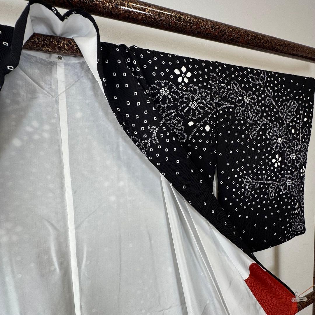 超美品　正絹　訪問着　付け下げ　着物　168裄69 トールサイズ　黒　白　絞り