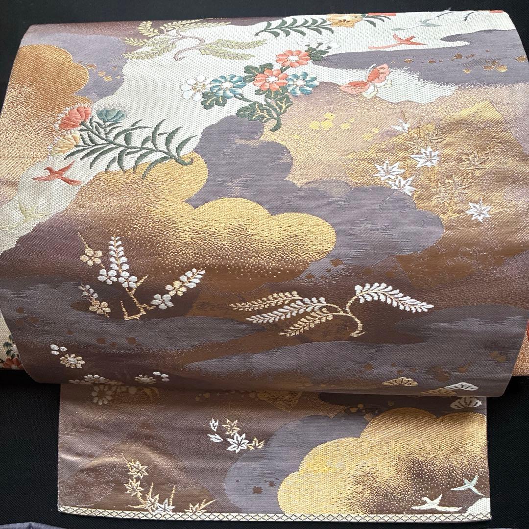 逸品 金 鳥 桜 蝶々 菊 松 正絹 袋帯 二重太鼓 作り帯