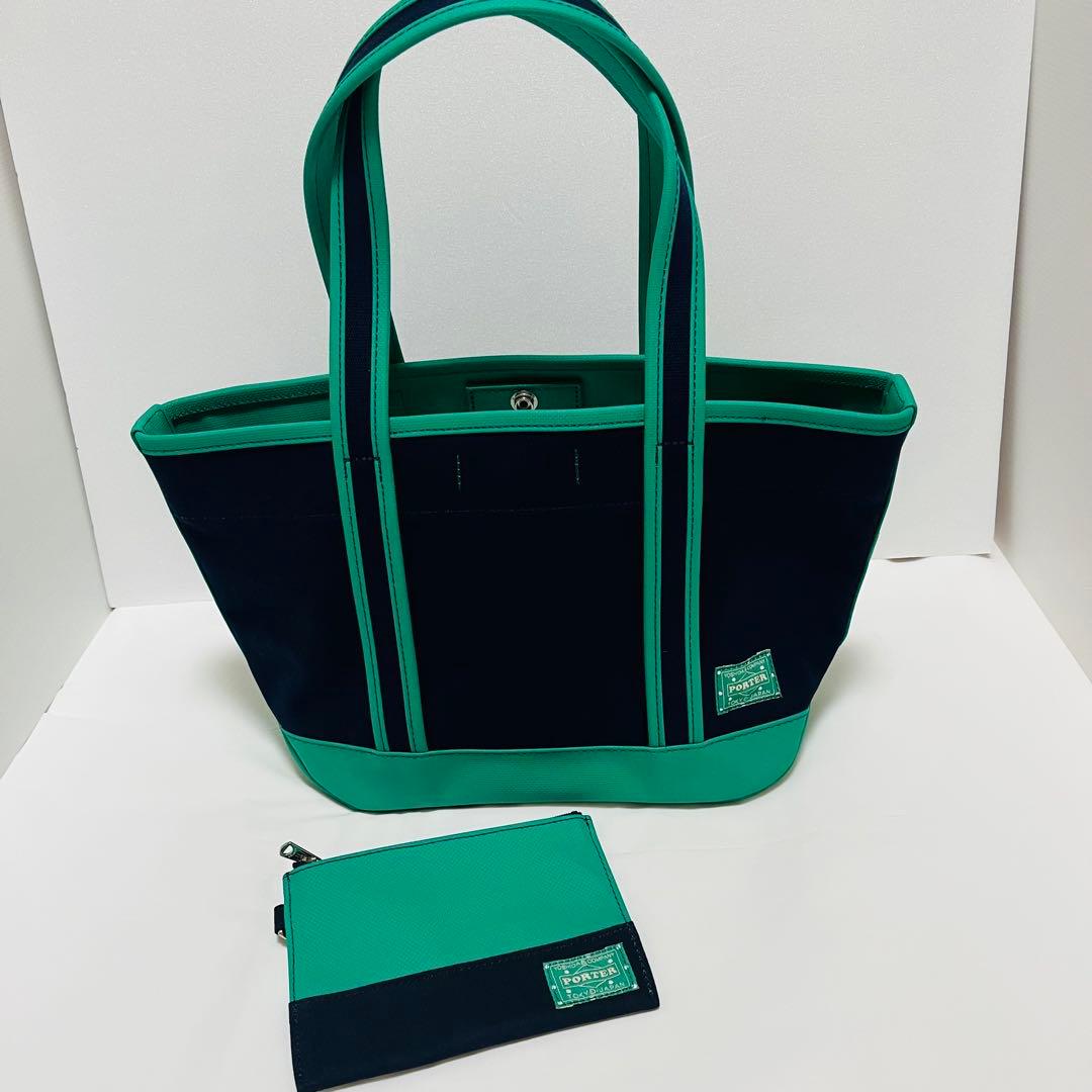 新品未使用！PORTERネイビー×グリーントートバッグ　ポーチ付