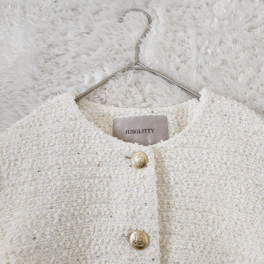 ame*極美品✨JUSGLITTY アイボリー ツイードノーカラー