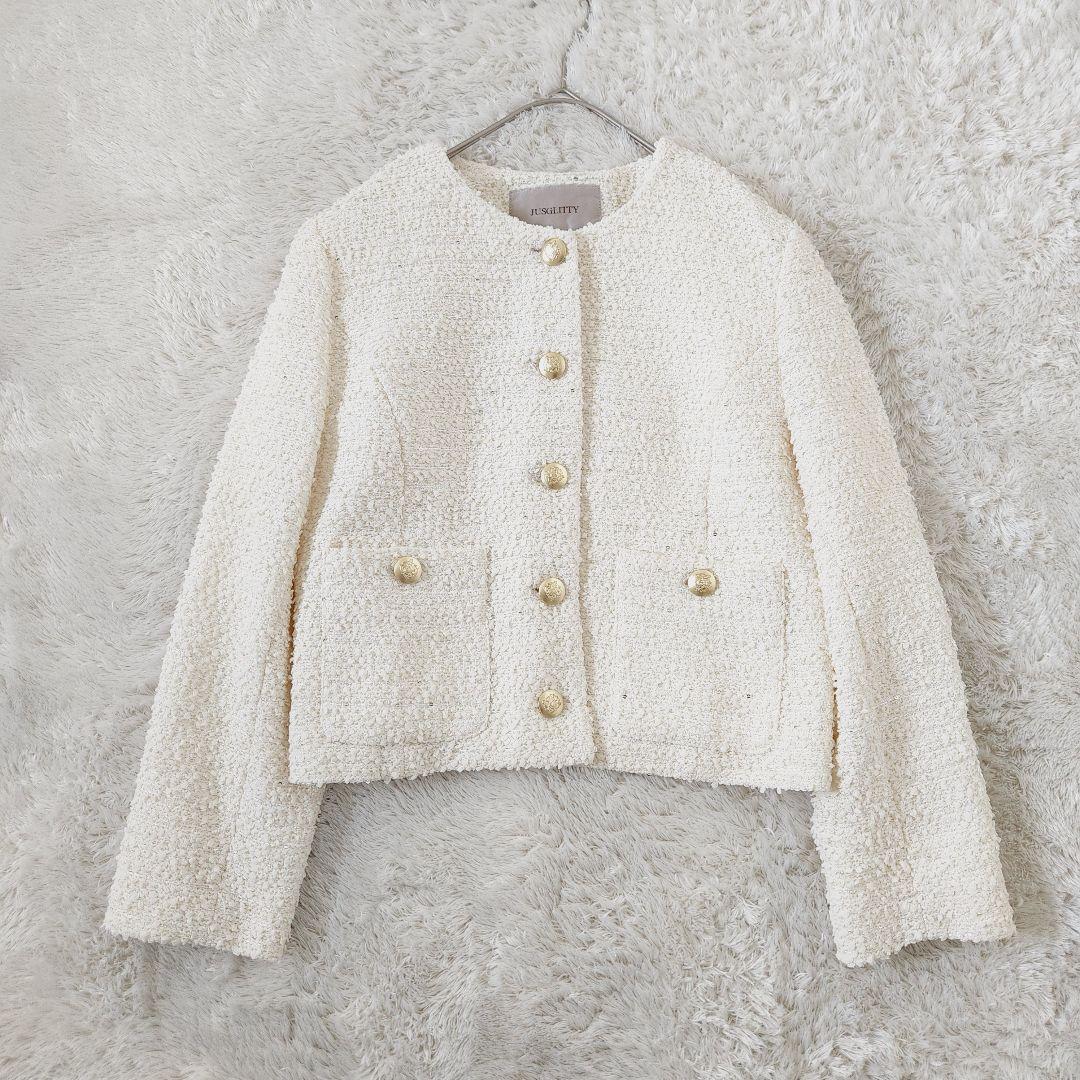 ame*極美品✨JUSGLITTY アイボリー ツイードノーカラー