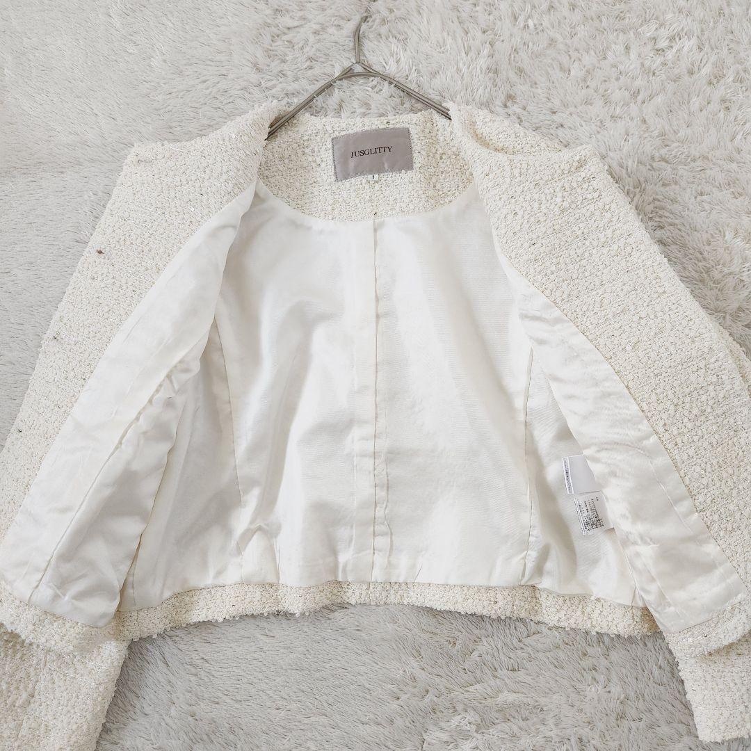 ame*極美品✨JUSGLITTY アイボリー ツイードノーカラー