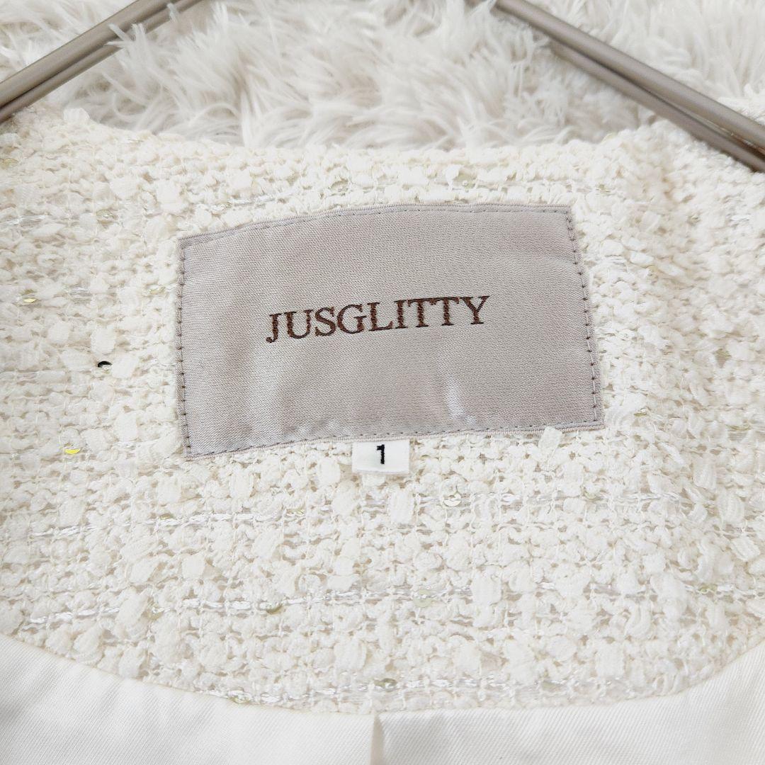 ame*極美品✨JUSGLITTY アイボリー ツイードノーカラー