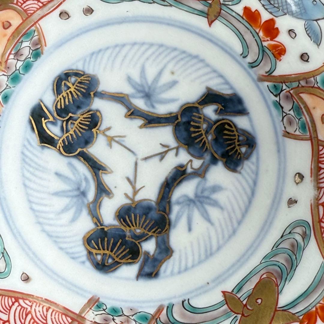 豪商旧蔵品　明治期　色絵鯉千鳥文膾皿　金蘭手　二十客　上手　金鯉　松竹梅　青海波