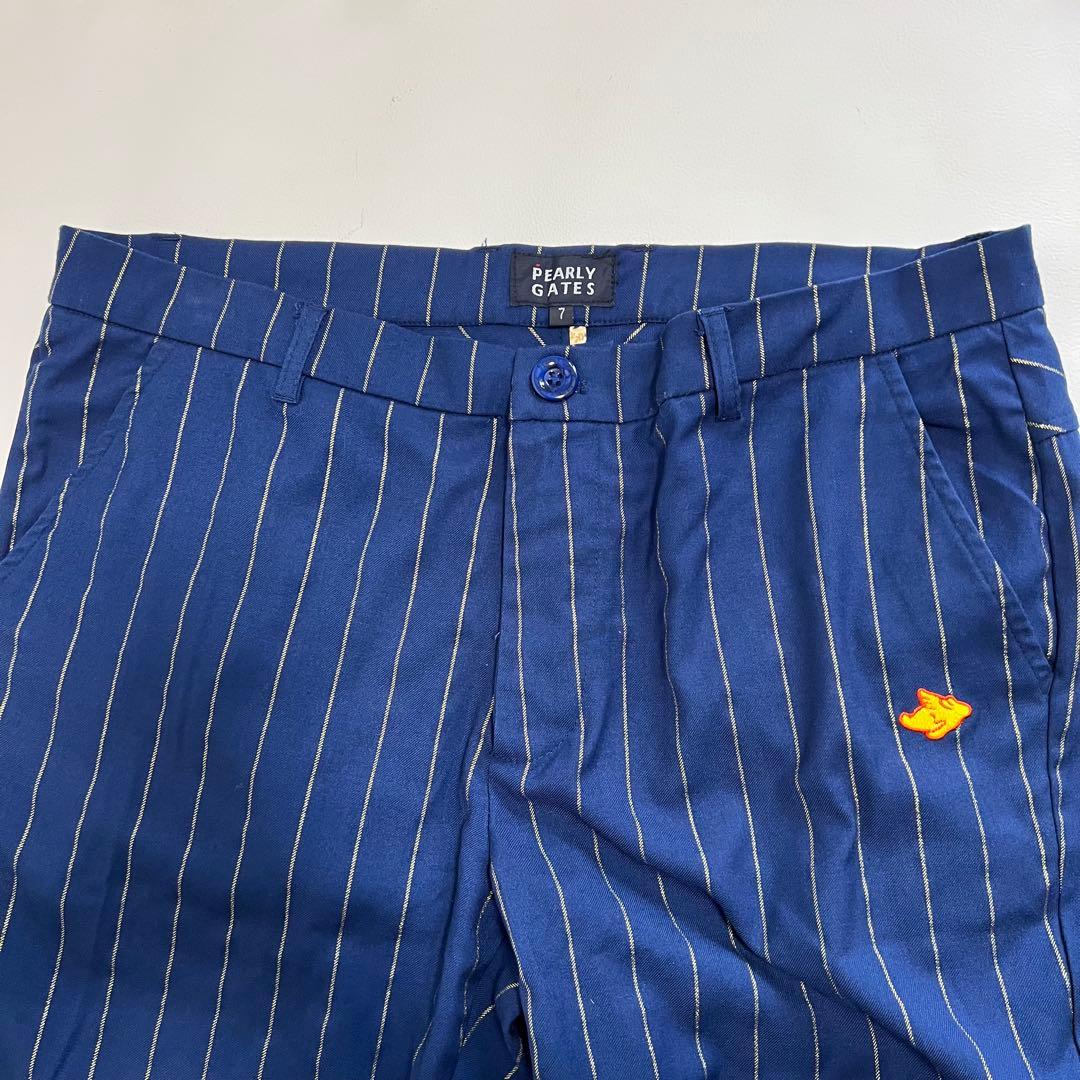 【大きいサイズ】パーリーゲイツ ゴルフパンツ ストライプ 紺×金 花柄 伸縮性