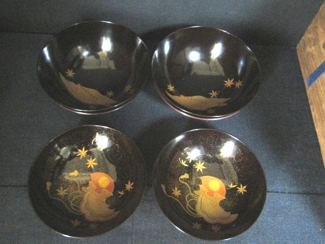 ★朱塗椀　楽器金蒔絵　吸物椀　木製漆器　和楽器　共箱蓋裏に銘　計10客★