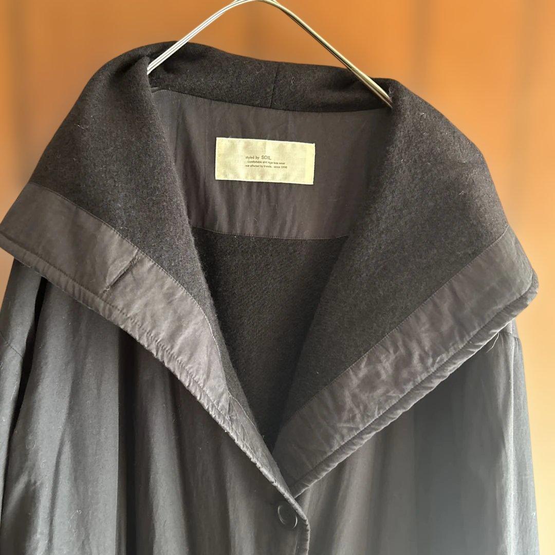 最終値メゾンドソイルのソイルのブラックロングコート フード付き