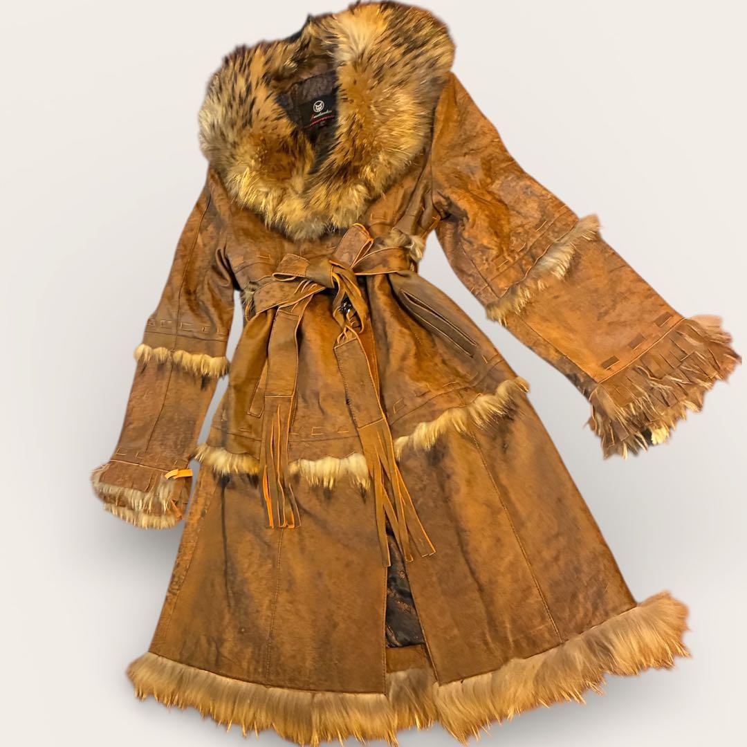 フェアリーグランジ リアルファー レザーロングコート 総柄裏地　ベルト　Y2K