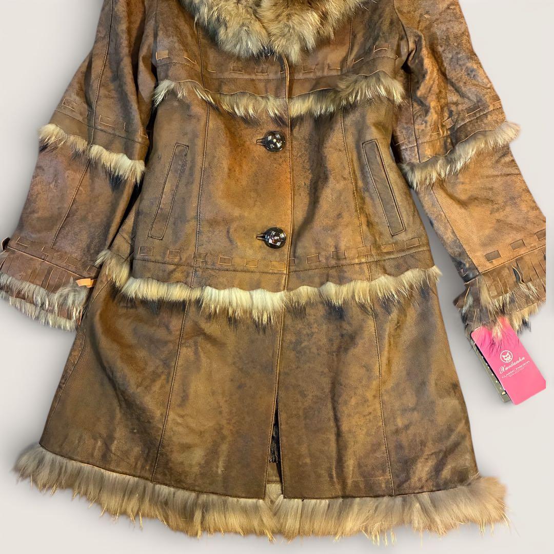 フェアリーグランジ リアルファー レザーロングコート 総柄裏地　ベルト　Y2K