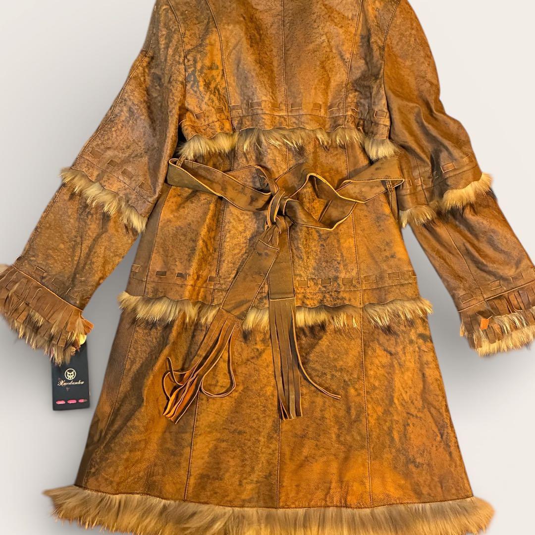 フェアリーグランジ リアルファー レザーロングコート 総柄裏地　ベルト　Y2K