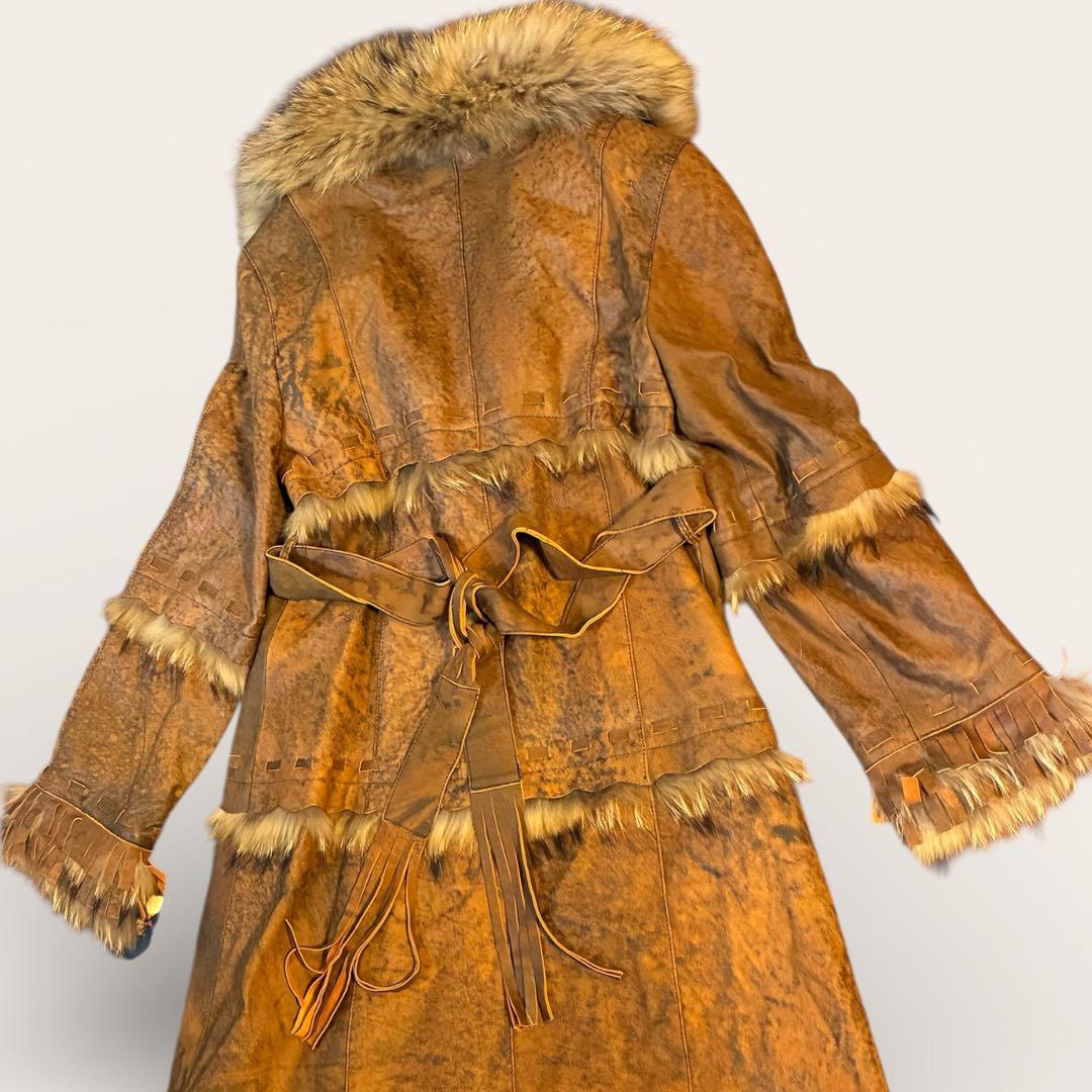 フェアリーグランジ リアルファー レザーロングコート 総柄裏地　ベルト　Y2K