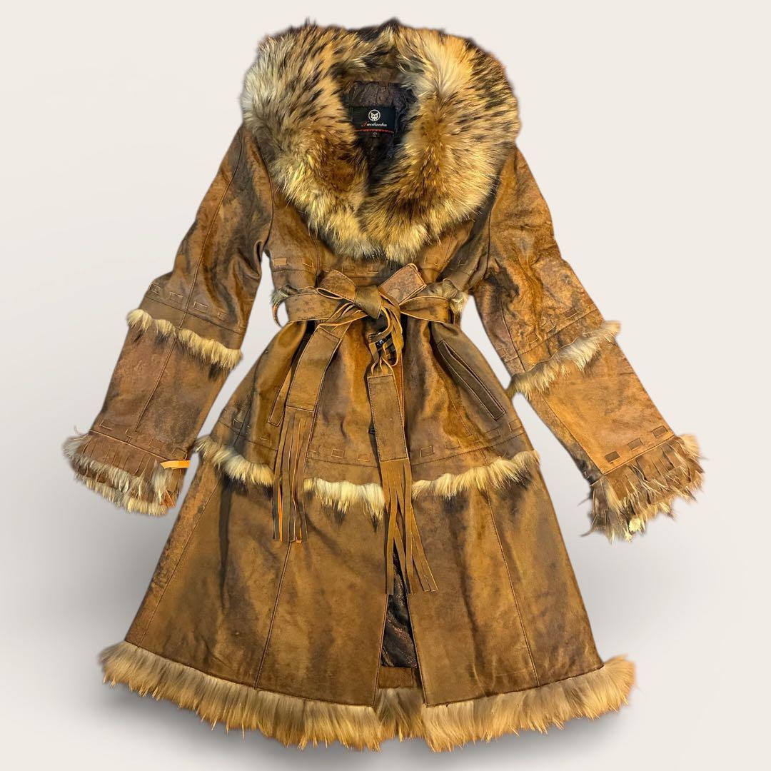 フェアリーグランジ リアルファー レザーロングコート 総柄裏地　ベルト　Y2K