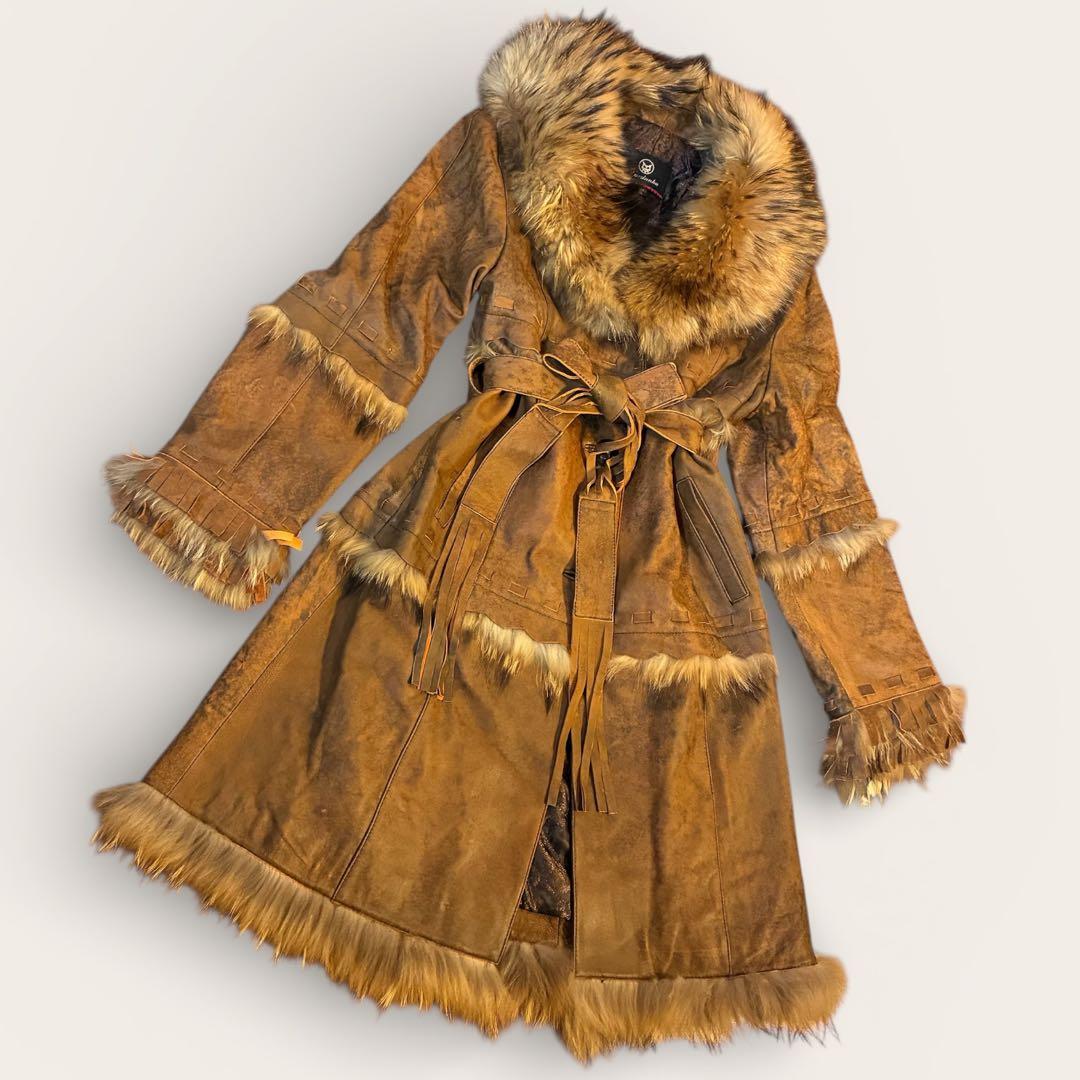 フェアリーグランジ リアルファー レザーロングコート 総柄裏地　ベルト　Y2K