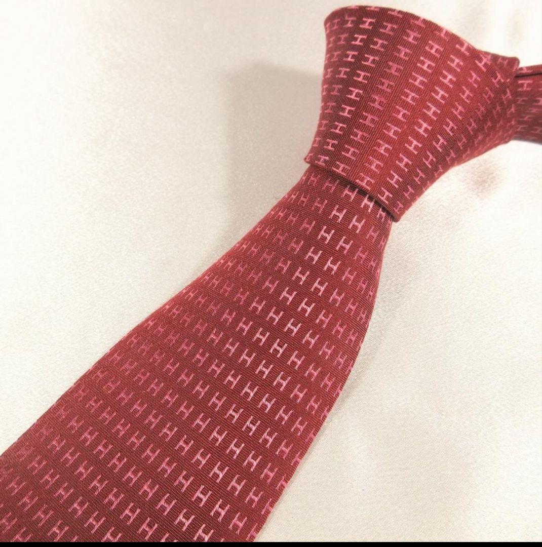 エルメス　H織り　ファソネ　レッド赤系　ネクタイ