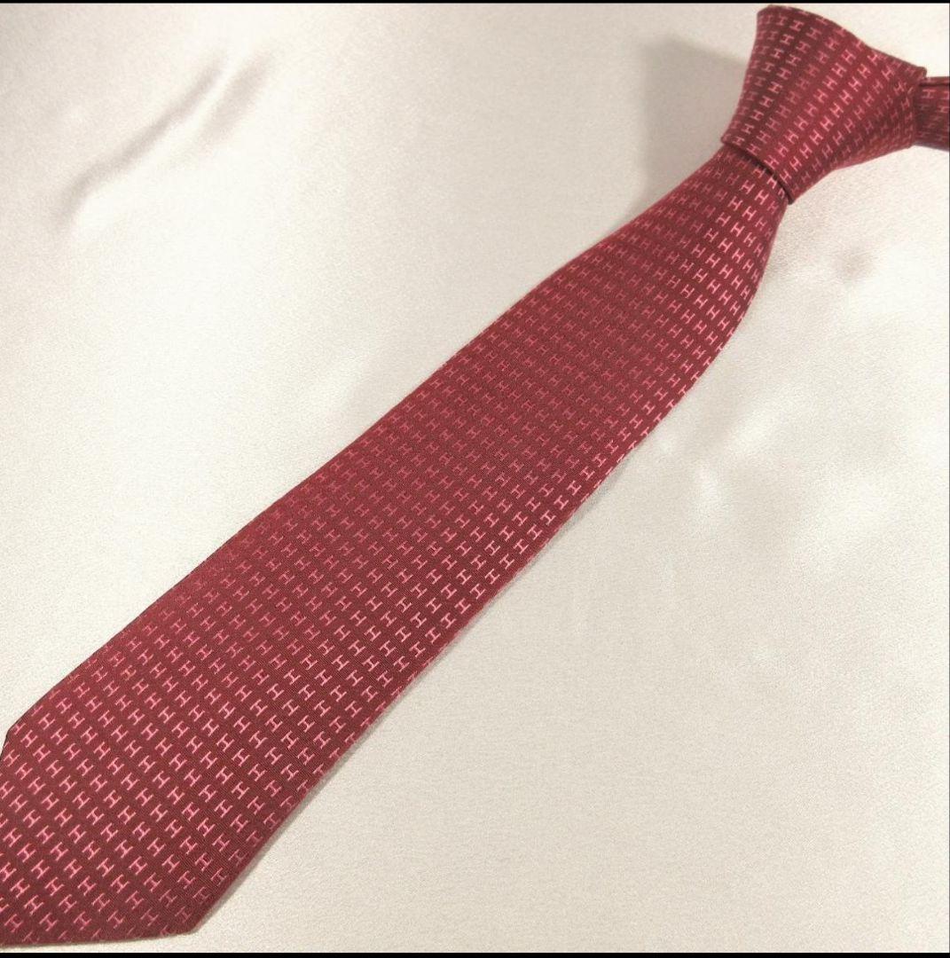 エルメス　H織り　ファソネ　レッド赤系　ネクタイ