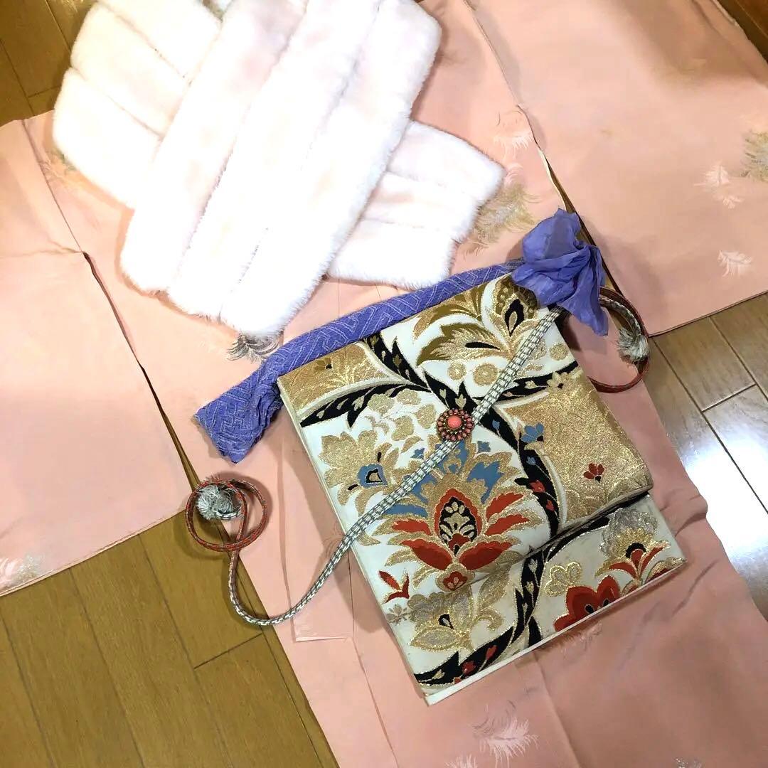 アンティーク　正絹マジョリカ小紋　一つ紋　淡コーラルに羽根模様＋袋帯＋ショール