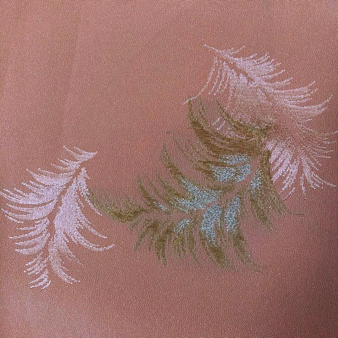 アンティーク　正絹マジョリカ小紋　一つ紋　淡コーラルに羽根模様＋袋帯＋ショール