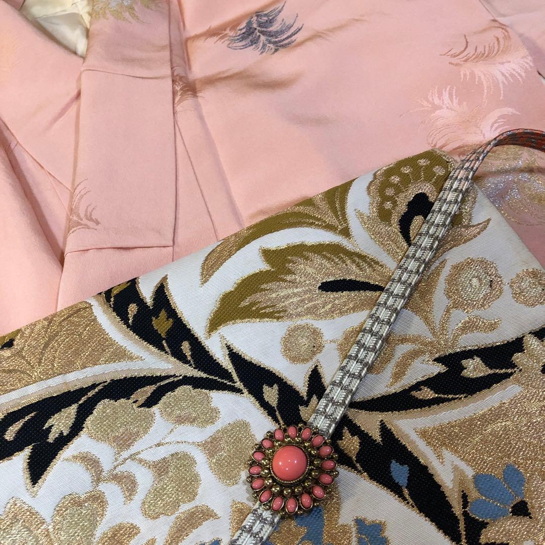 アンティーク　正絹マジョリカ小紋　一つ紋　淡コーラルに羽根模様＋袋帯＋ショール