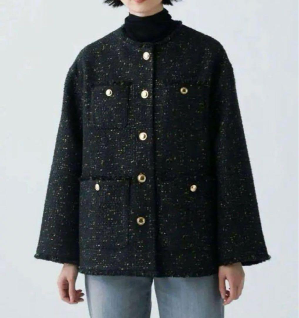 【新品】プラステ　ツイードノーカラージャケット（ラメ糸入り）