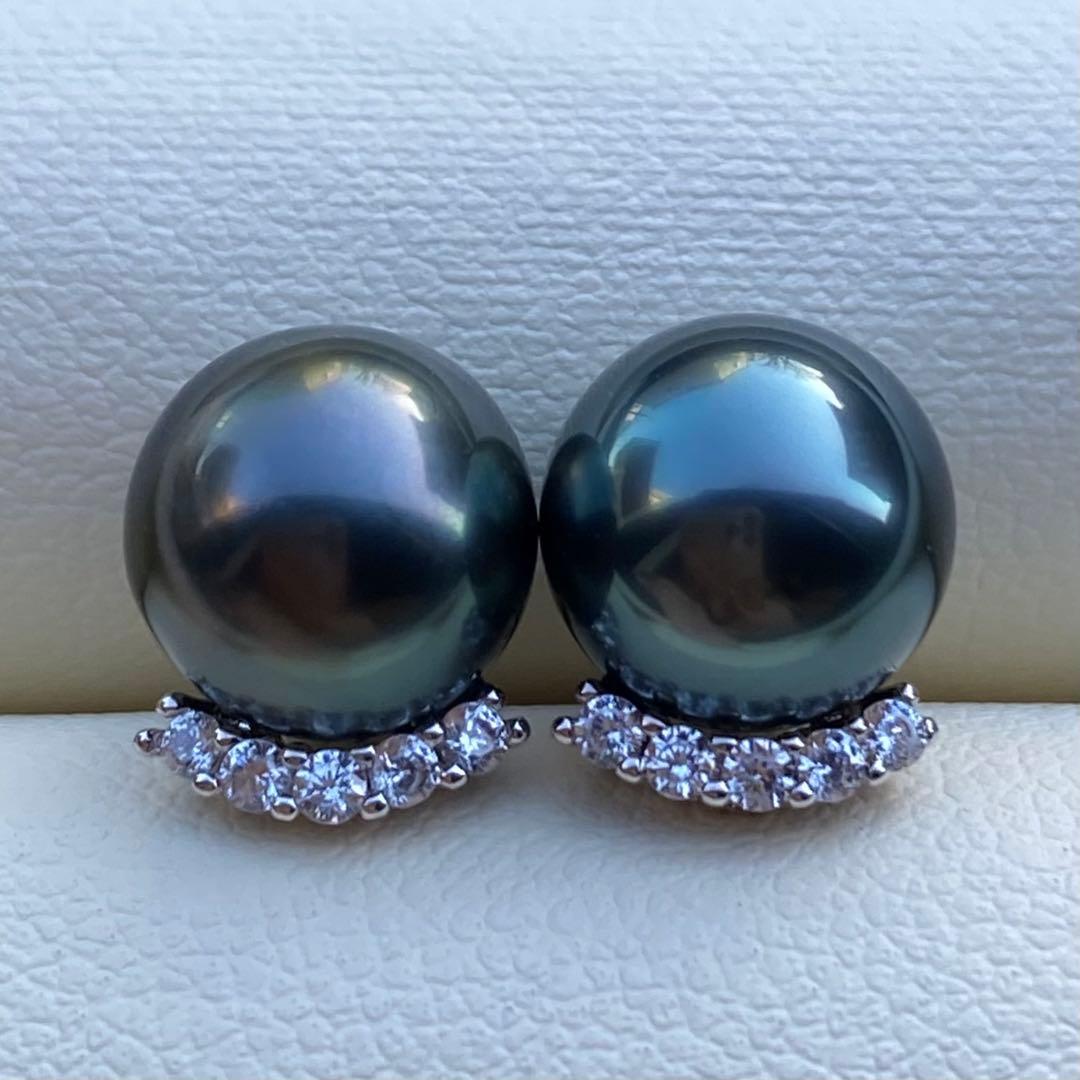 本真珠　南洋黒蝶真珠タヒチパール直結タイプピアス　8.8mmグリーンP1189