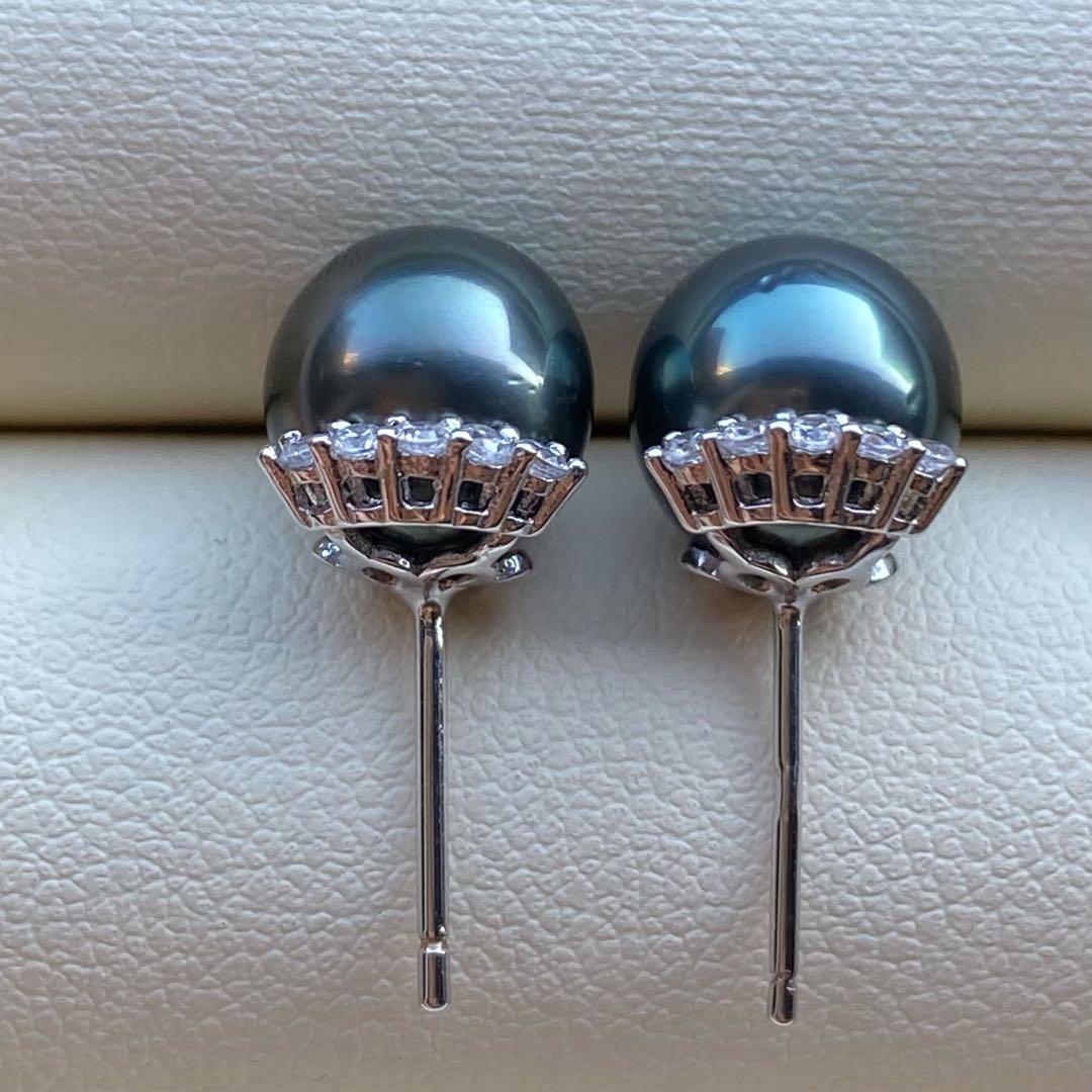 本真珠　南洋黒蝶真珠タヒチパール直結タイプピアス　8.8mmグリーンP1189