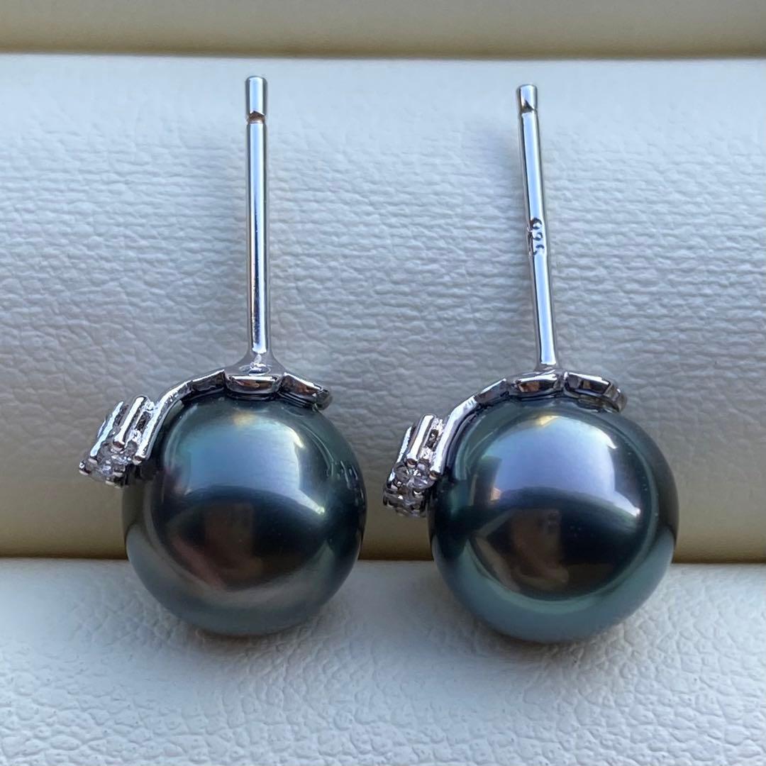 本真珠　南洋黒蝶真珠タヒチパール直結タイプピアス　8.8mmグリーンP1189