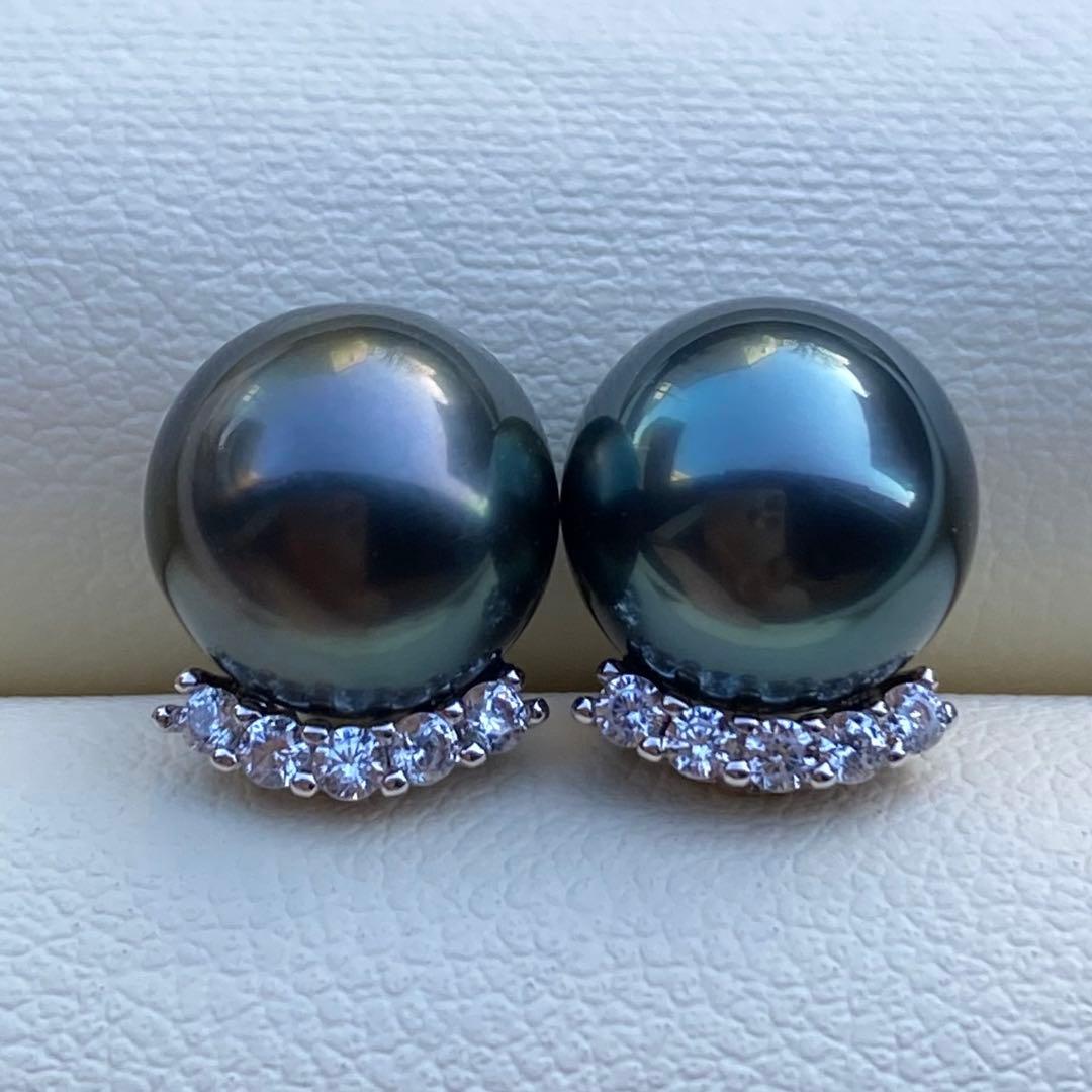 本真珠　南洋黒蝶真珠タヒチパール直結タイプピアス　8.8mmグリーンP1189